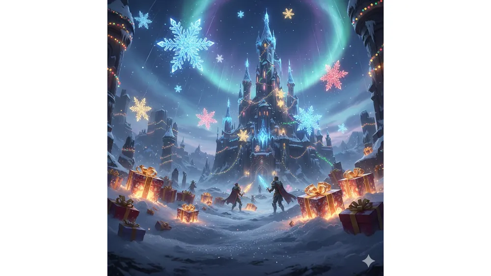 아이온2 크리스마스 이벤트 눈꽃 결정과 선물 상자가 있는 배경 이미지