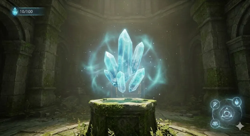 아이온2 오드 에너지 결정이 푸른 빛을 내며 떠 있는 고퀄리티 판타지 일러스트