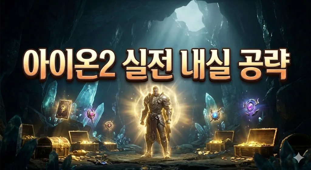 아이온2 실전 내실 공략 썸네일, 강력한 아우라를 뿜는 캐릭터와 공략 타이틀 텍스트