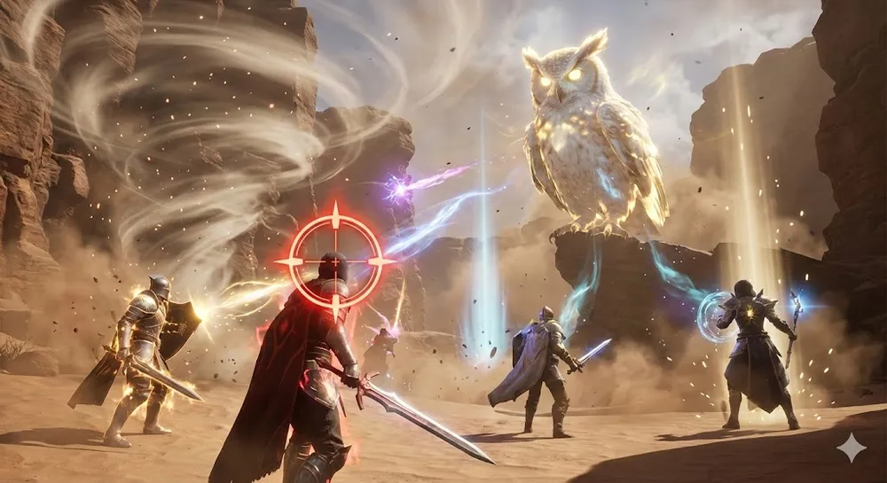 아이온2 우루구구 협곡 보스 아울도르와 대치하는 파티원들의 모습