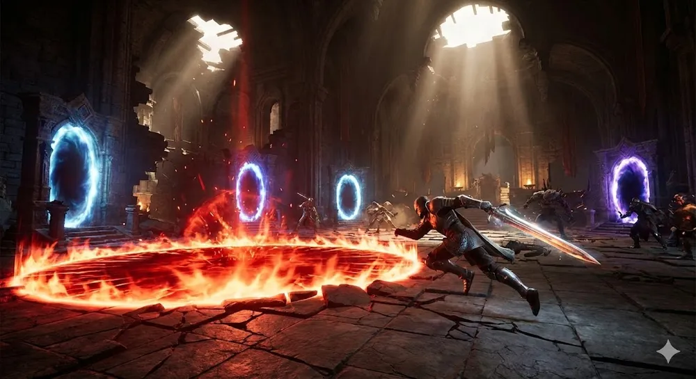 아이온2 브리트라 토벌전 보스 광역 공격 회피 장면과 포탈 배경