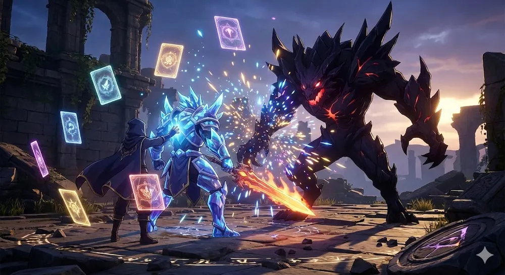 애니메이션 카드 충돌 코드 보상으로 소환된 강력한 캐릭터와 카드 배틀 장면