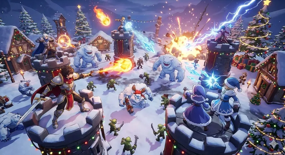 애니메이션 십자군 코드 입력으로 획득한 캐릭터들이 눈 덮인 맵에서 전투하는 모습