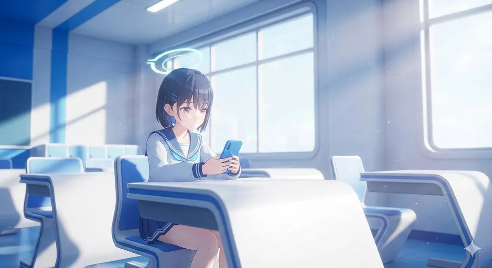 블루 아카이브 쿠폰 입력과 청휘석 보상을 연상시키는 학생 캐릭터와 스마트폰 이미지