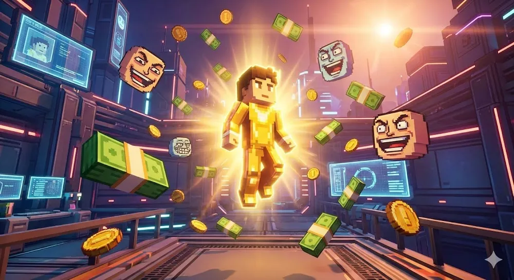 브레인롯 훔치기 환생 캐릭터가 황금빛 오라와 함께 공중으로 떠오르는 모습