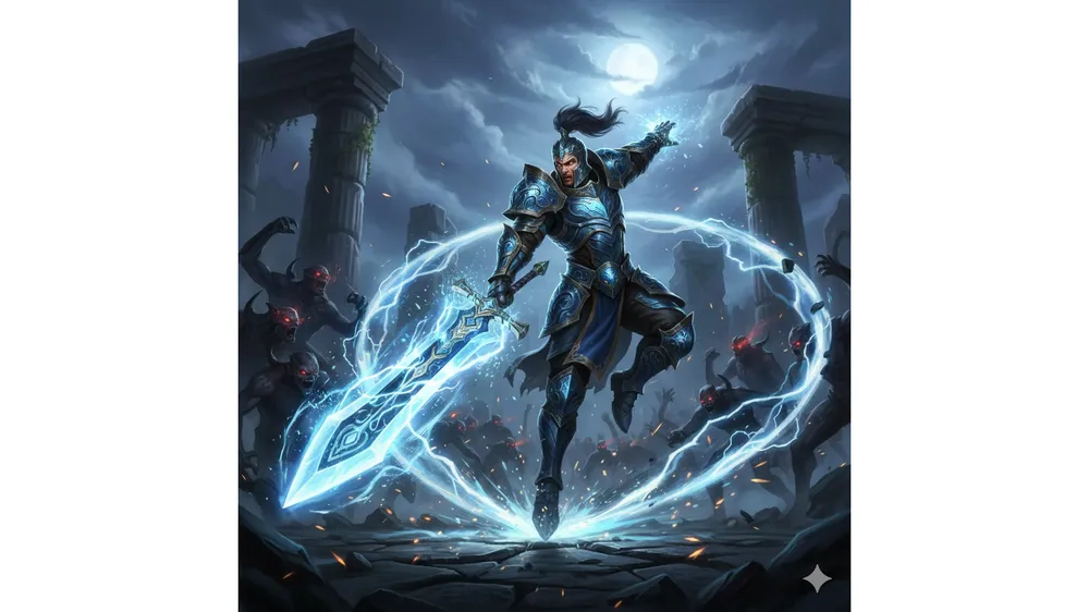 카발 레드 무과금 공략을 상징하는 역동적인 판타지 전사 이미지