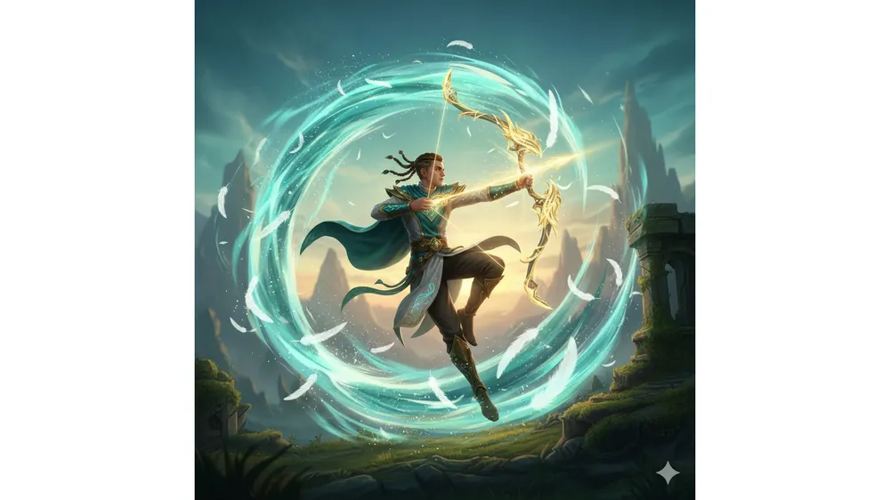 원신 벤티 공략을 위한 바람 속성 캐릭터와 활이 강조된 고퀄리티 게임 아트