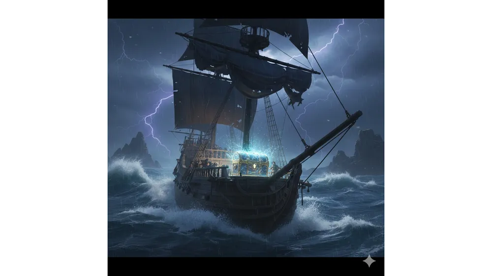 그랜드피스 코드를 상징하는 보물상자와 항해하는 해적선 이미지