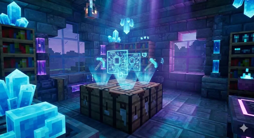 마인크래프트 패브릭 설치 및 모드 적용을 나타내는 고화질 복셀 아트 이미지