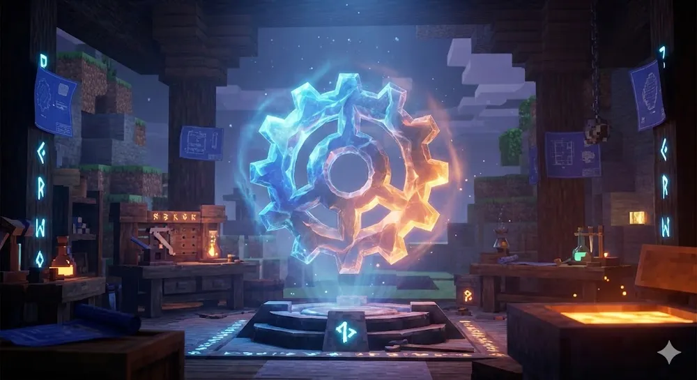 마인크래프트 포지 설치 및 모드 적용을 나타내는 3D 아트워크