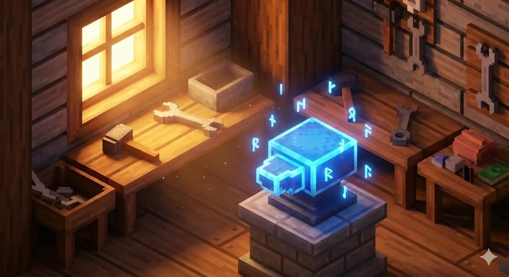 마인크래프트 네오포지 설치를 상징하는 복셀 스타일의 작업대와 마법 룬 이미지