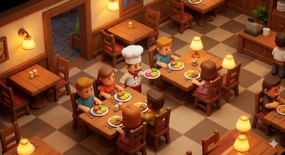 레스토랑 타이쿤 3 코드 보상으로 꾸민 화려한 식당 내부 전경