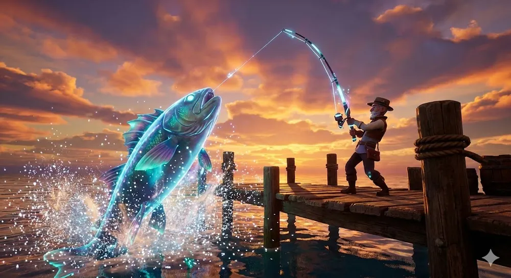 로블록스 피쉬 코드 입력을 통해 얻은 스킨을 착용하고 낚시하는 캐릭터 모습