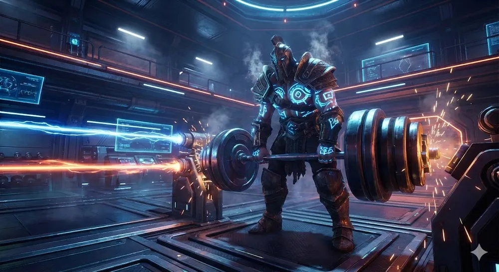 로블록스 머슬 레전드 코드를 상징하는 거대화된 캐릭터와 헬스장 배경의 썸네일