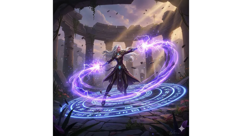 롤토체스 시즌16 4비전 마법사 공략을 상징하는 화려한 마법사 전투 장면