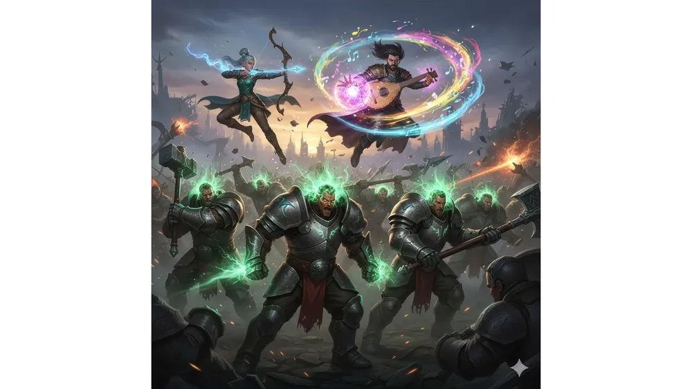 롤토체스 시즌16 6난동꾼 바드 아펠리오스 덱 공략을 설명하는 화려한 게임 아트