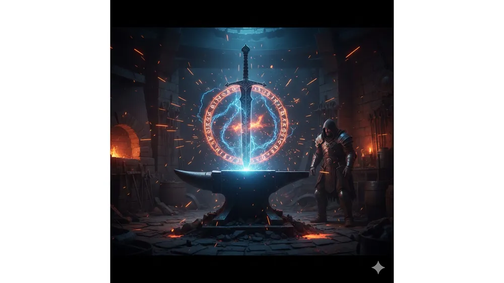 더 포지 룬 장착 및 강화 가이드를 보여주는 판타지 대장간 이미지