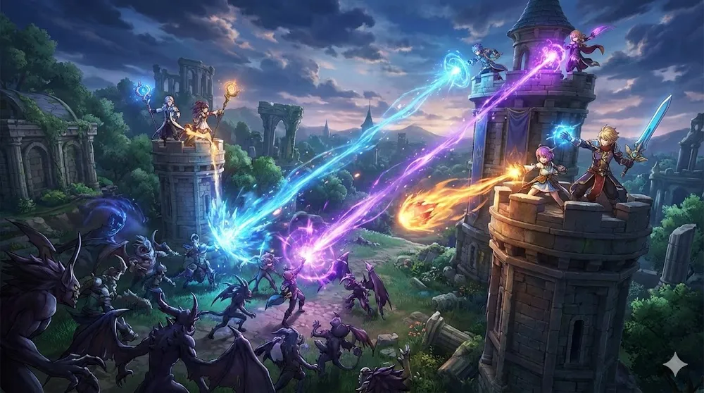 유니버설 타워 디펜스 코드 보상으로 소환된 애니메이션 캐릭터들이 적을 공격하는 모습