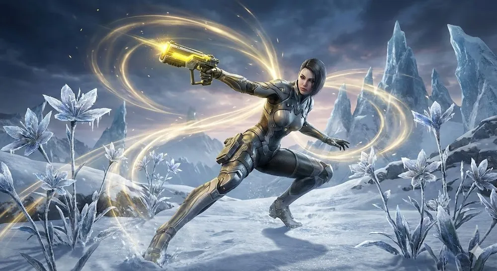 명조 린네 육성 공략 썸네일, 회절 속성 권총 캐릭터와 서리꽃 배경