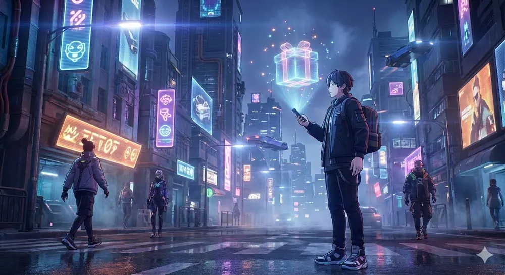 젠레스 존 제로 리딤코드 입력과 보상 상자가 빛나는 뉴에리두 배경의 이미지