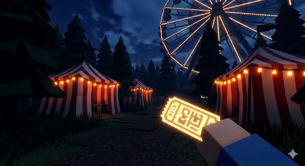 99 야간숲 카니발 텐트와 티켓을 들고 있는 플레이어 시점