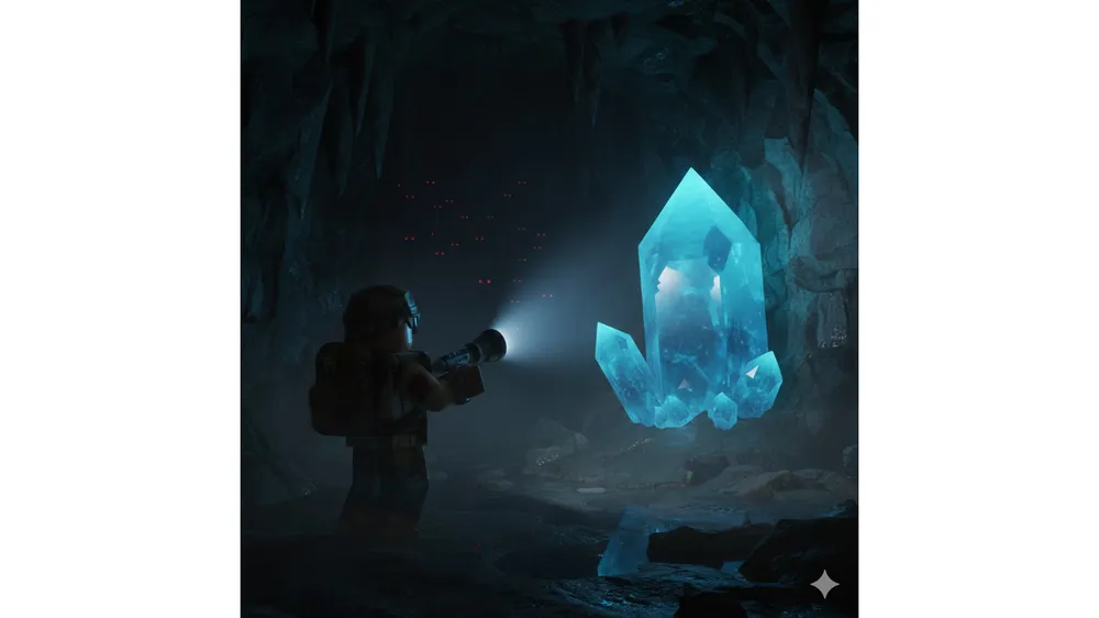 99 야간 숲 동굴 내부에서 플래쉬 라이트로 수정을 비추는 모습과 뒤에 숨어있는 박쥐