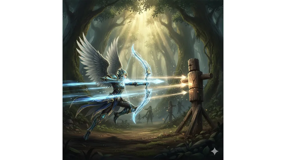 아이온2 전투속도 실험을 위해 궁성 캐릭터가 허수아비를 공격하는 모습