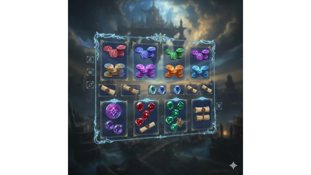 아이온2 재화 11종이 나열된 판타지 게임 인벤토리 컨셉 이미지