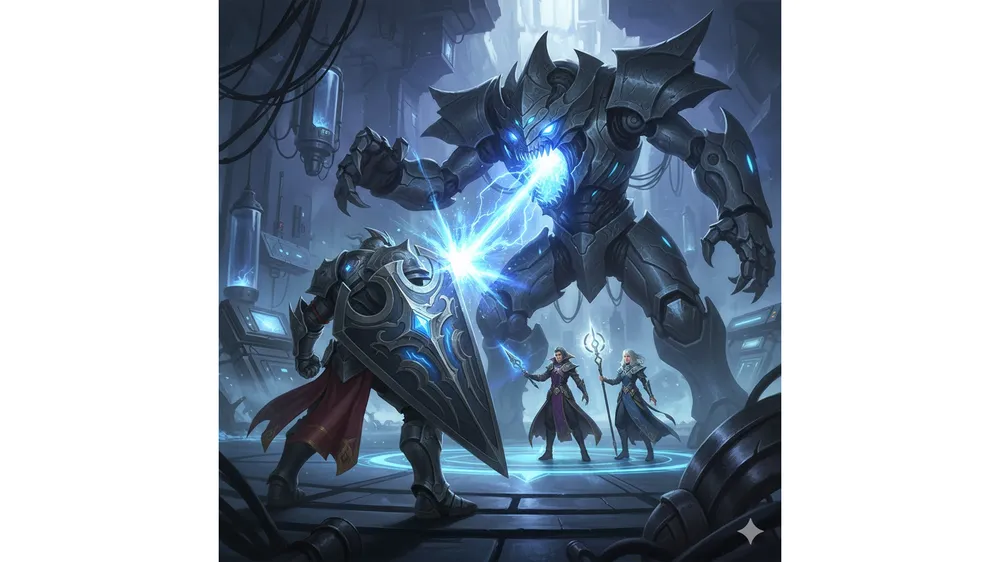 아이온2 데우스 연구기지에서 수호성이 보스를 탱킹하고 딜러들이 뒤에서 포지션을 잡는 모습