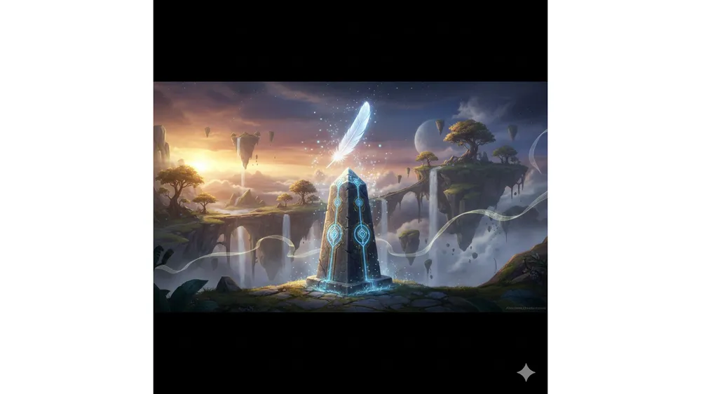 아이온2 주신의 흔적 깃털과 모노리스가 빛나는 판타지 배경 썸네일