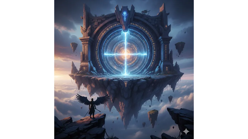 아이온2 아이템 레벨 공략 썸네일, 공중섬 던전 입구와 날개를 단 캐릭터