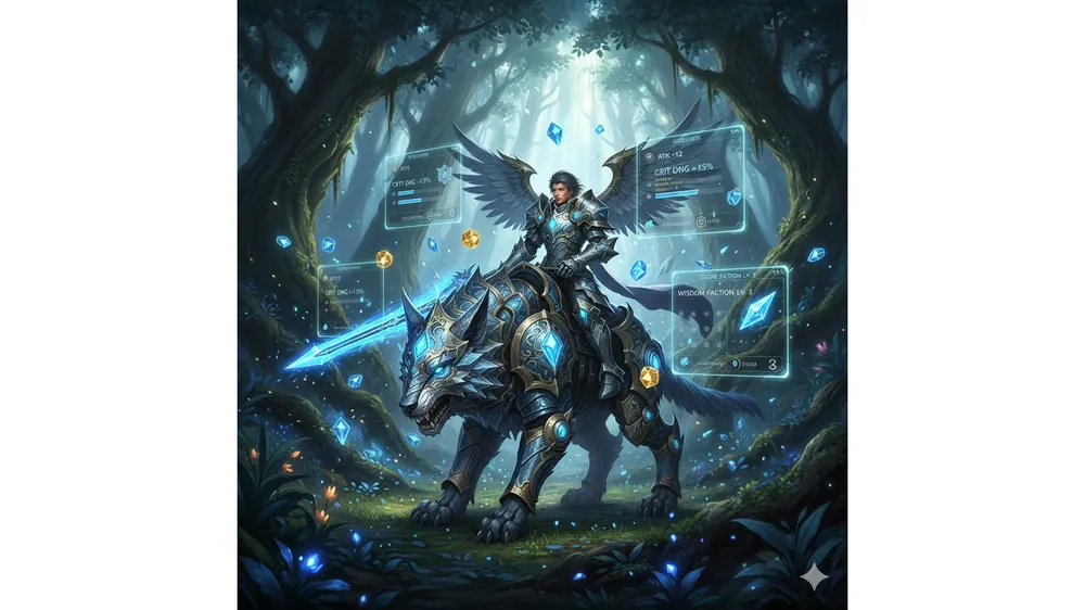 아이온2 펫 이해도 공략 썸네일, 캐릭터가 펫을 타고 있는 모습과 스탯 UI 이펙트