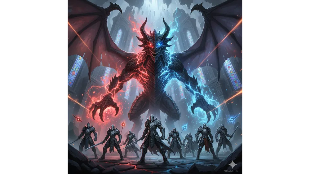 아이온2 루드라 성역 레이드 보스와 대치하는 8인 파티 일러스트