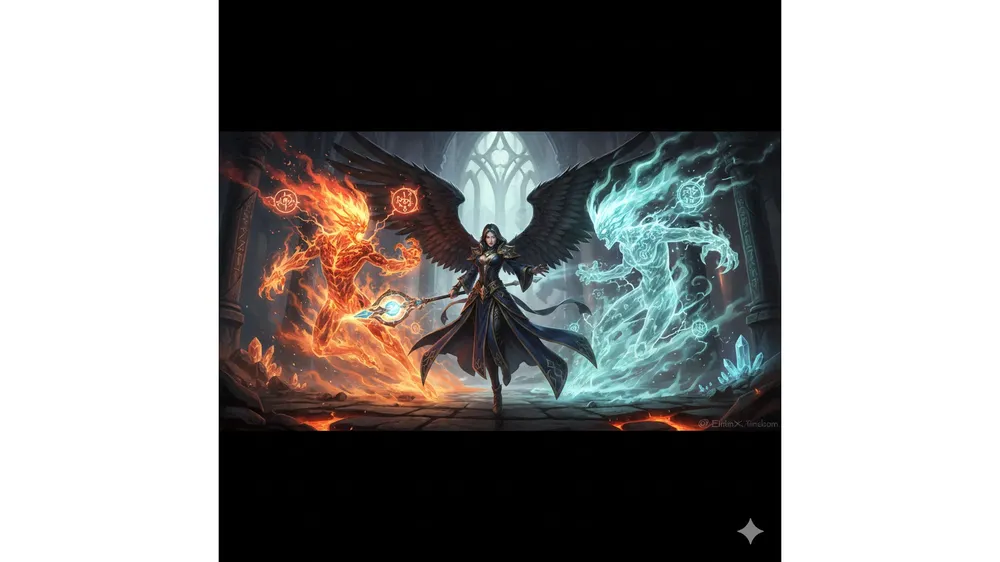 아이온2 정령성 공략 썸네일, 바람과 불의 정령을 소환하며 마법을 시전하는 정령성 캐릭터