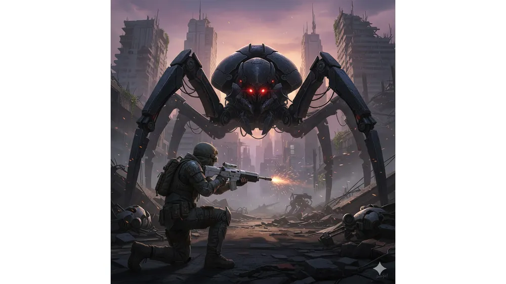 아크 레이더스 공략 썸네일: 흰색 무기 페로를 든 생존자와 대형 아크 바스티온의 대치 장면