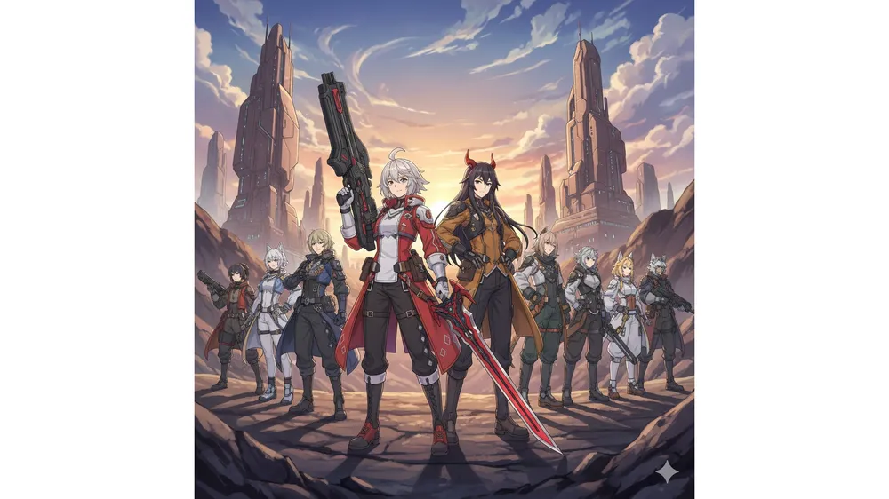 명일방주 엔드필드 종족 캐릭터들이 탈로스II 행성을 배경으로 서 있는 모습