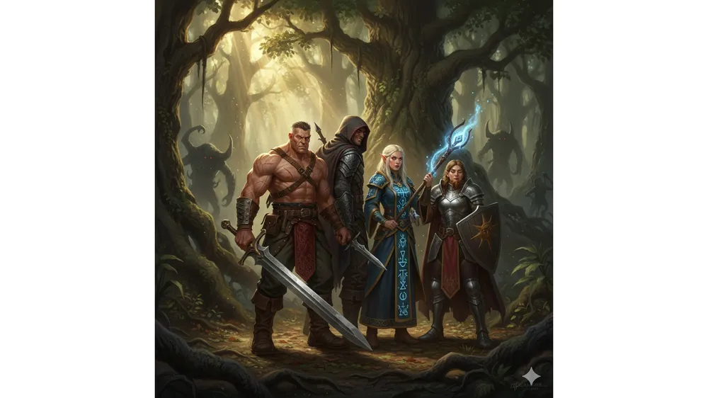 발더스 게이트 3 4인 커스텀 파티 캐릭터들이 전투 준비를 하는 모습