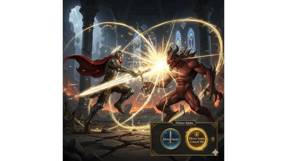 발더스 게이트 3 팔라딘 신성한 강타 대응 설정 및 치명타 공격 장면