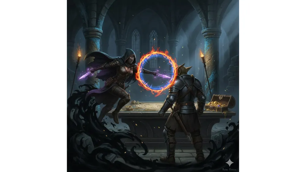 발더스 게이트 3 기습 공격을 준비하는 로그 캐릭터와 놀라는 적의 모습