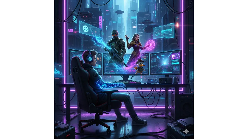 2026 스팀 무료 게임 추천 모음집을 보고 있는 게이머의 모습과 다양한 게임 캐릭터들