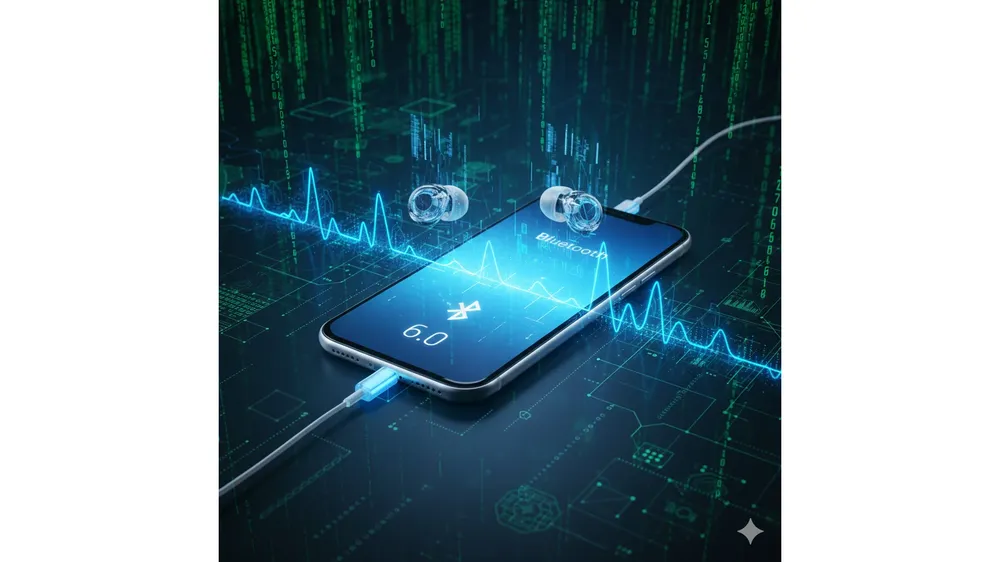 블루투스 6.0 기기 연결 및 채널 사운딩 기술을 시각화한 홀로그램 이미지