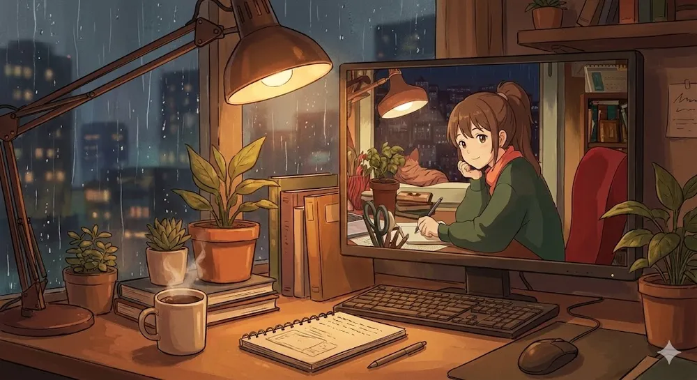 칠 위드 유 안경 제거 모드가 적용된 게임 화면과 아늑한 책상 풍경