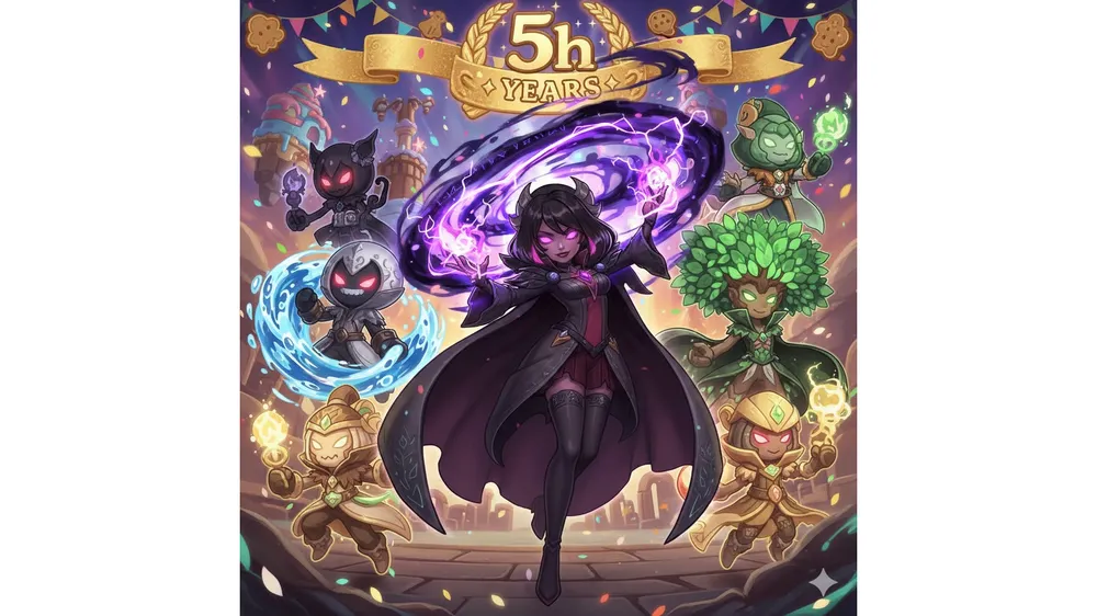 쿠키런 킹덤 5주년 기념 어둠마녀 쿠키와 주요 상위 티어 쿠키들이 등장하는 2026년 최신 티어표 썸네일 이미지