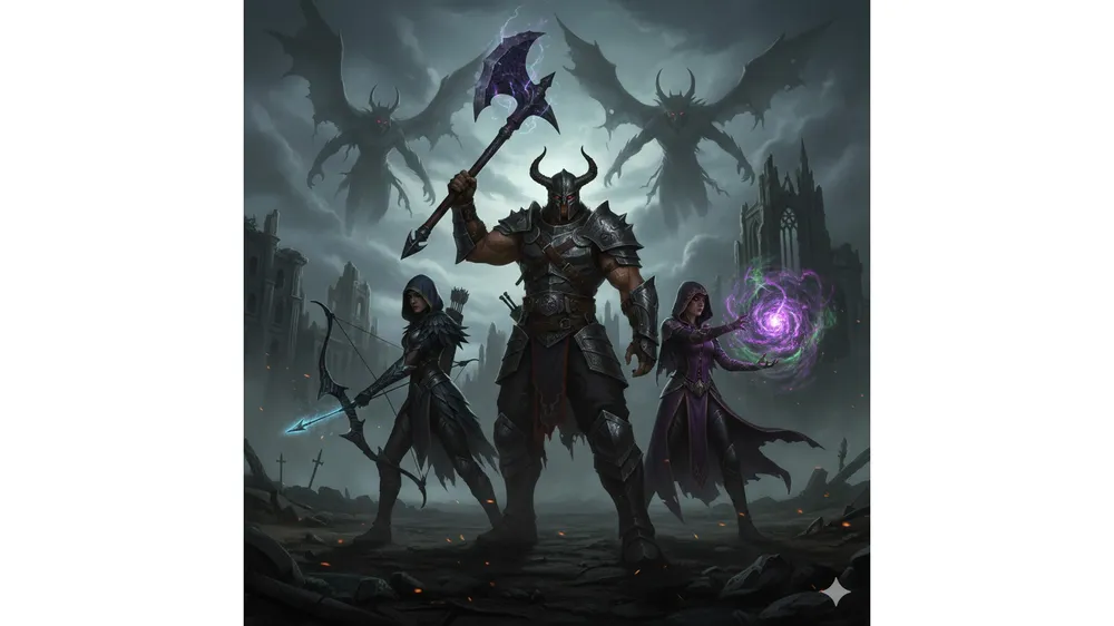 다크디셈버 사전예약 대표 이미지, 세 명의 주요 캐릭터가 어두운 배경 앞에 서 있다.