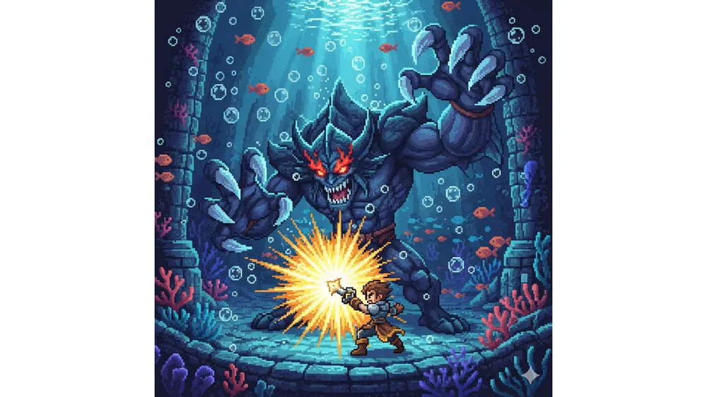 메이플 심해왕 공략 썸네일, 보스 몬스터와 패링하는 캐릭터 모습