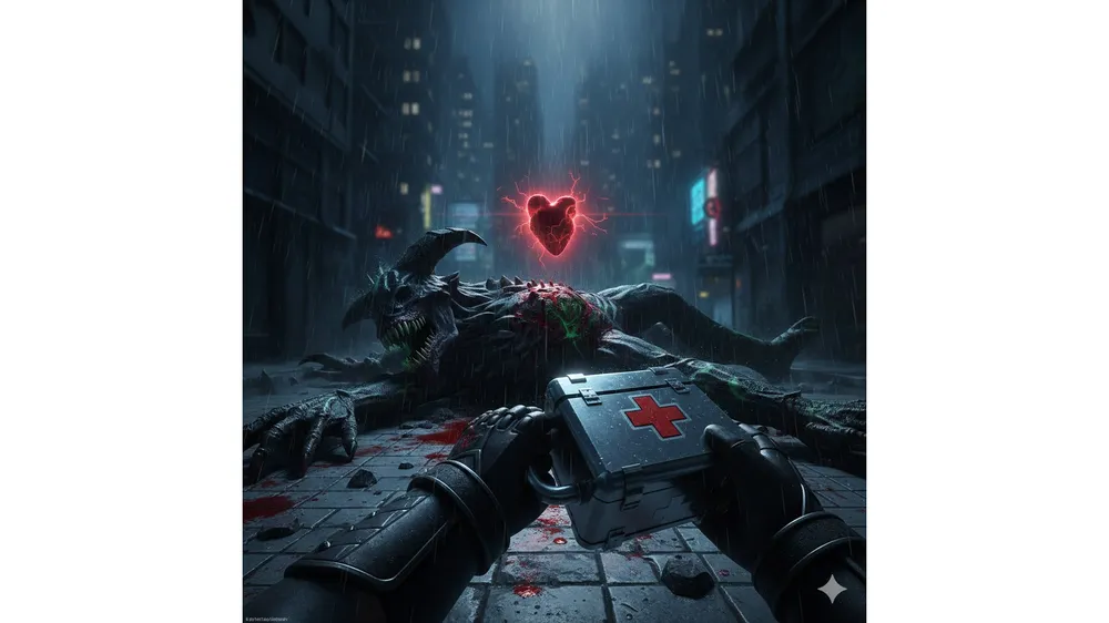 데빌 헌터 수술 키트로 쓰러진 악마에게서 심장을 추출하려는 모습