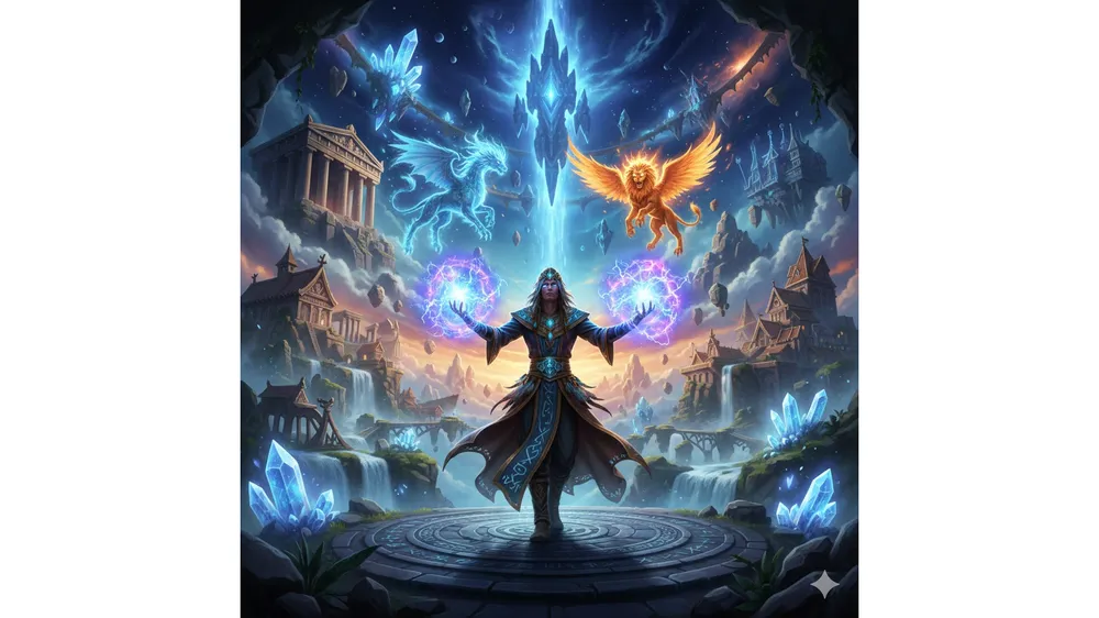 디바인 신을 모시는 자 쿠폰 정보를 상징하는 화려한 MMORPG 캐릭터와 신비로운 배경 이미지