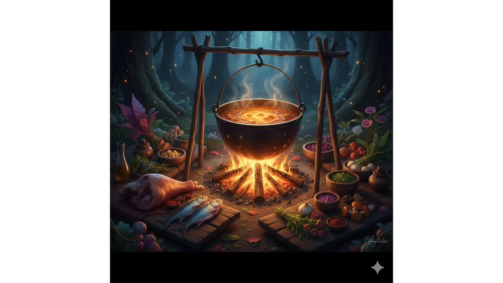 드래곤 소드 요리 레시피 공략 썸네일, 모닥불 위에서 요리 중인 맛있는 스튜와 다양한 식재료