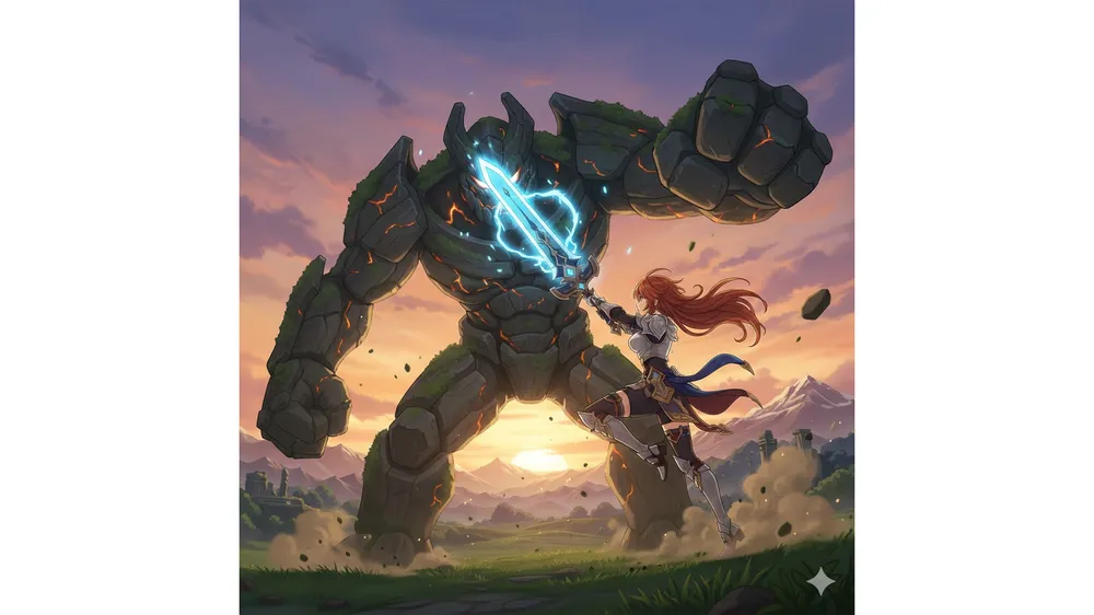 드래곤 소드 공략 썸네일, 거대 보스와 대치하는 캐릭터 일러스트