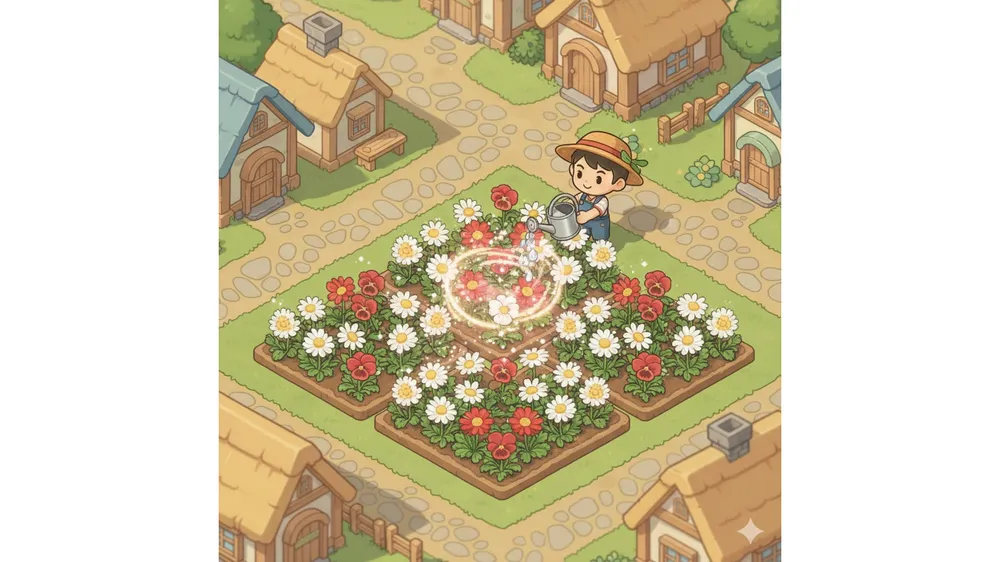 두근두근타운 꽃 교배 공략 썸네일, 데이지와 팬지 밭에서 물을 주는 캐릭터